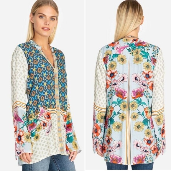 Johnny Was Tops - Johnny Was Becca Blouse Womens XL Floral Scarf Print V-Neck Embroidered Tunic